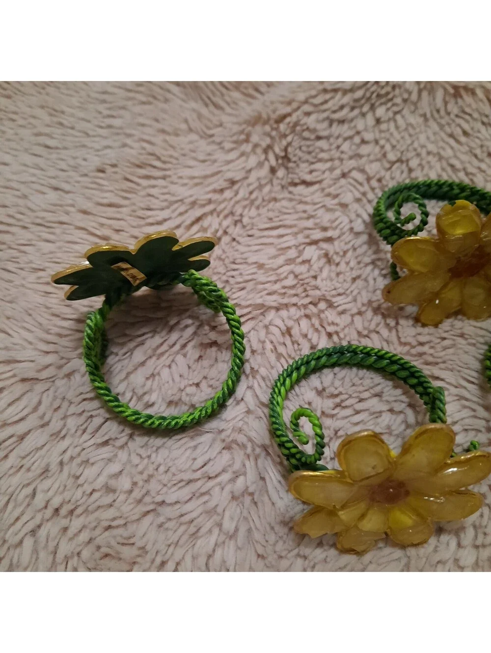 Set Of 7 Yellow and Green Flower Napkin Rings Boho Groovy Garden